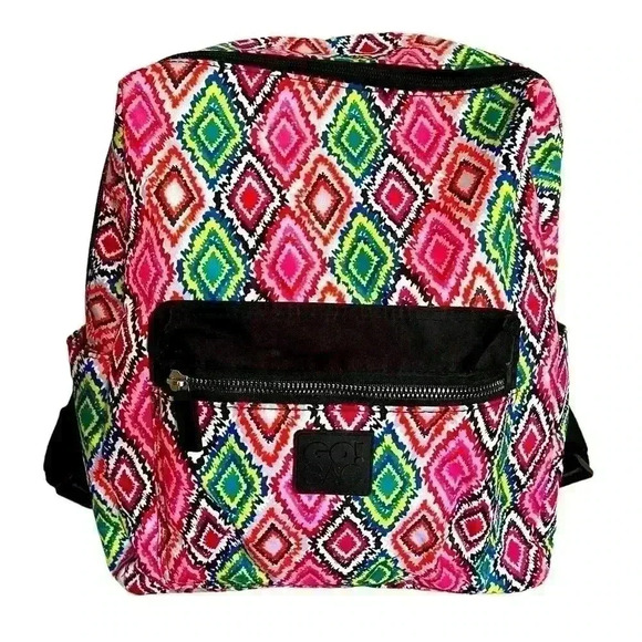 GO! SAC Backpack Colorful Geometric Side Pockets Black Straps - Picture 1 of 11